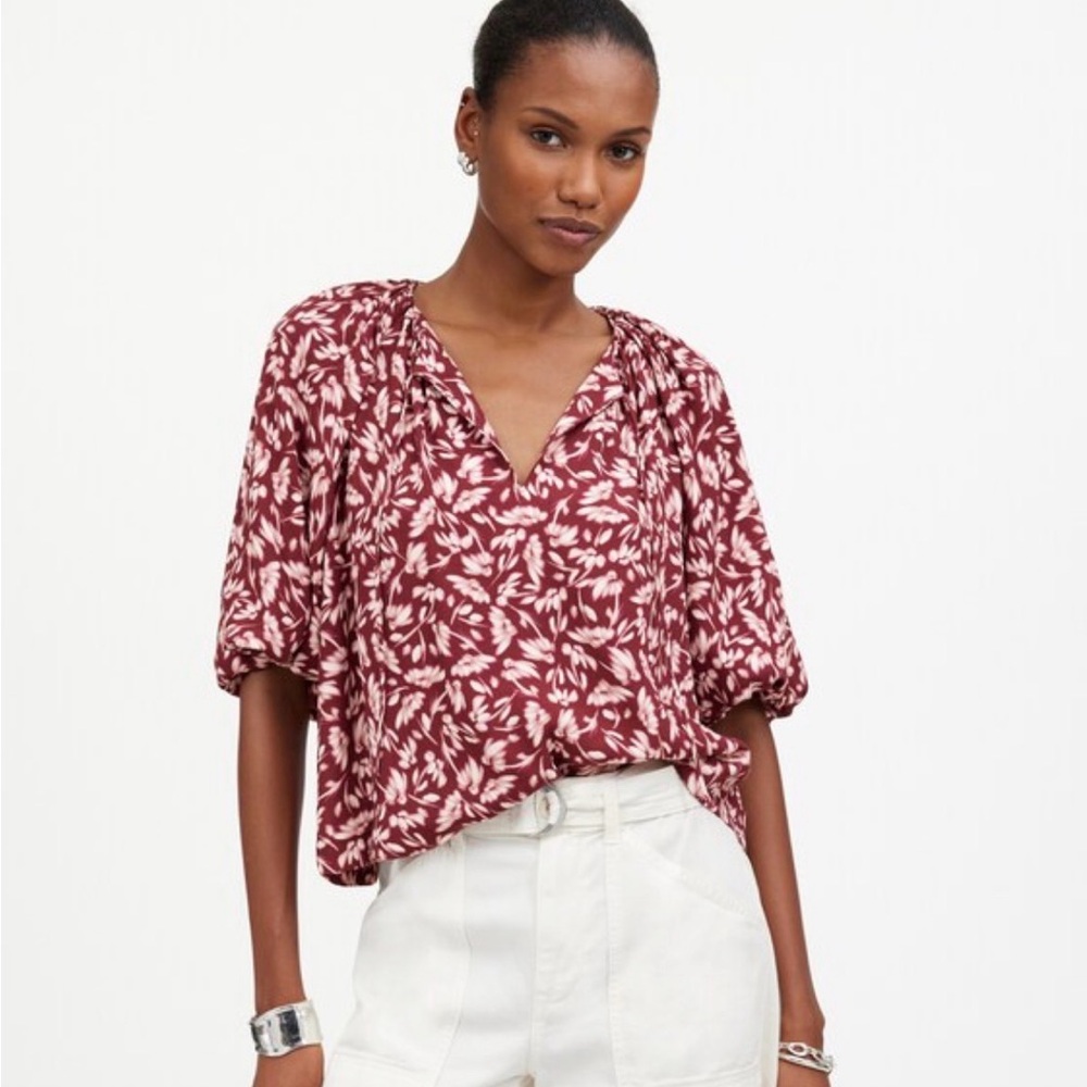Madewell Bubble Sleeve Burgundy Floral Blouse
